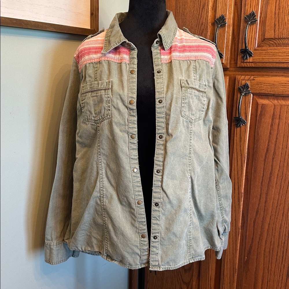 Maurices Olive Green Shirt with Pink Accents